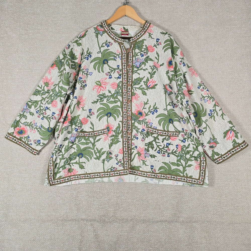 Tudor Court Haband Womens 3X Cotton Floral Palm Tree Jacket Cardigan White Green